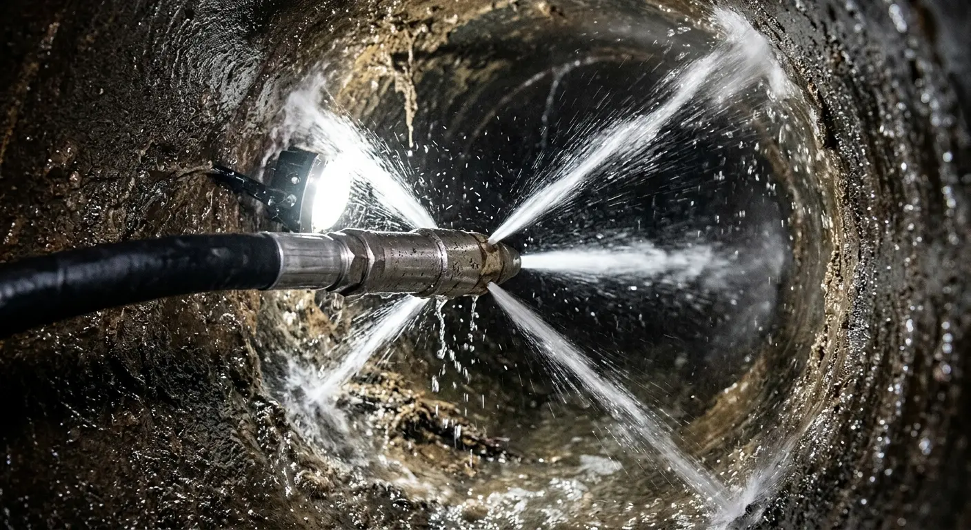 High-pressure hydro jetting nozzle cleaning sewer pipe for Sewer Cleanout in Jupiter