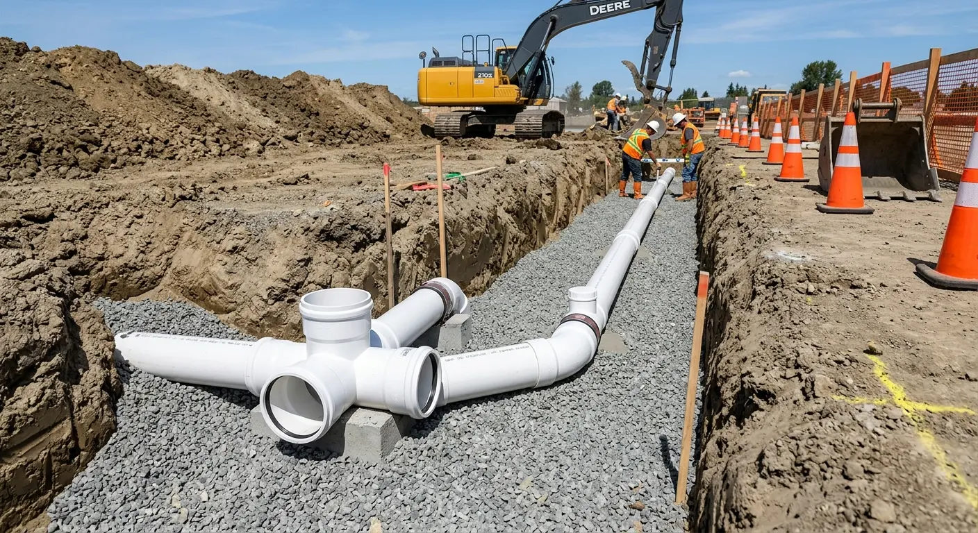New PVC sewer pipe installation in open trench for Commercial Drain Cleaning in Jupiter
