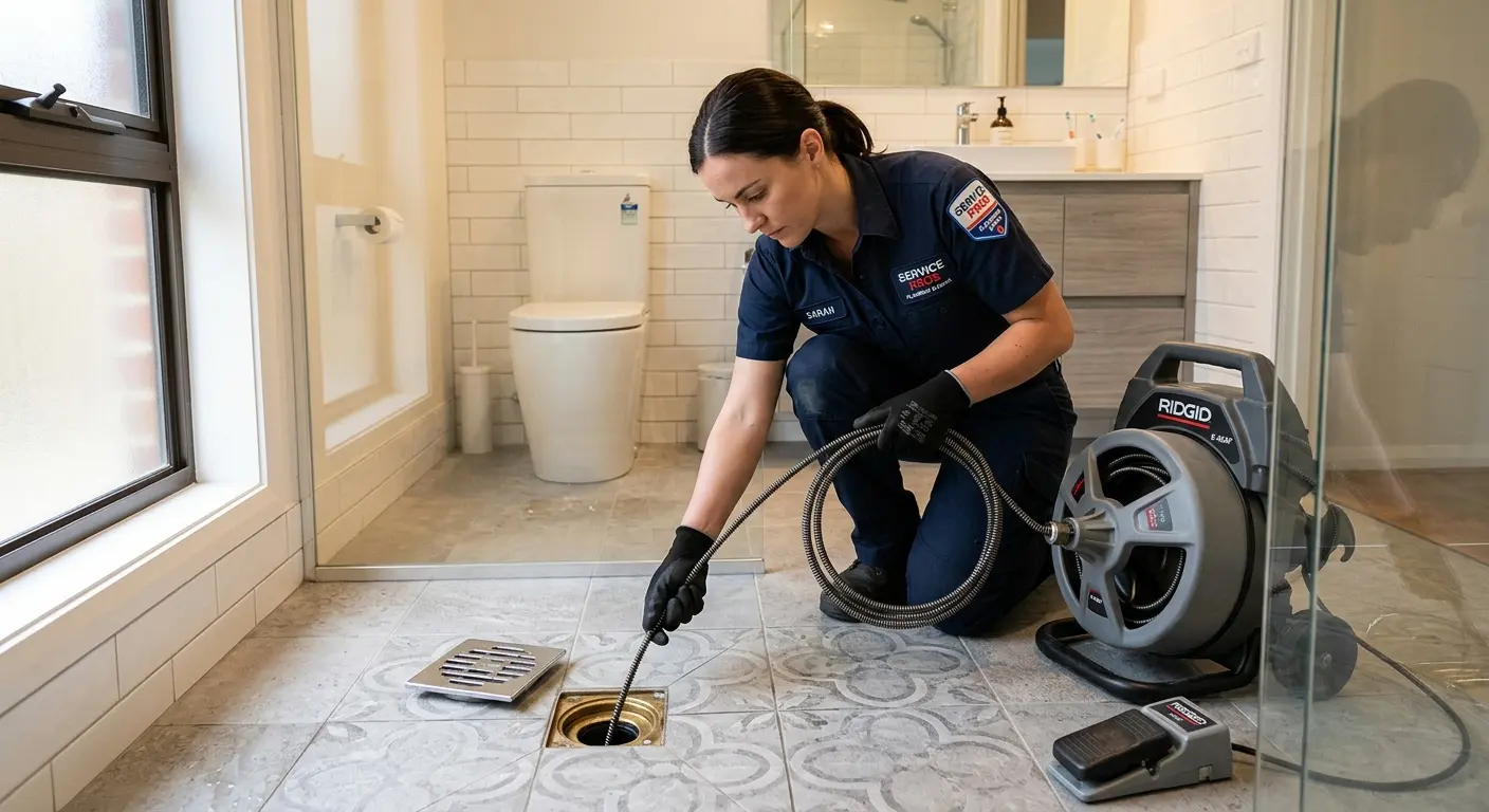 Technician clearing a bathroom floor drain for Clogged Drain Repair in Jupiter